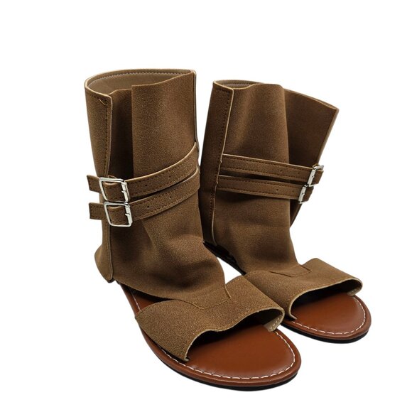 Women's Faux Suede Brown Cuff Mid-Calf Open Toe Slip-on Flat Sandals Size 8 (39) - Picture 1 of 6